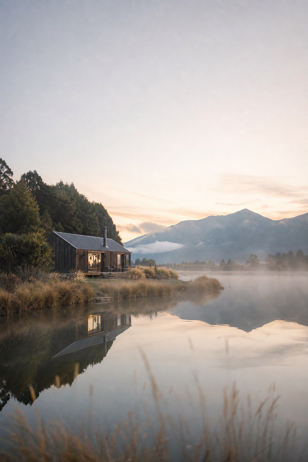 Cover of a Riverview retreat handbook — a quiet river cabin at dawn