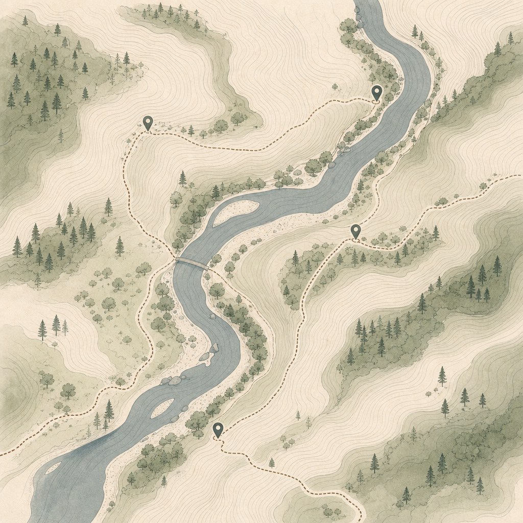 Offline map card showing the retreat area and nearby walks